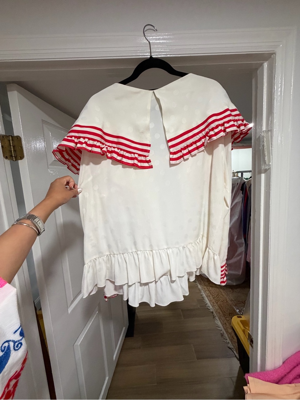 MSGM White Dot top with Red Striped Ruffle